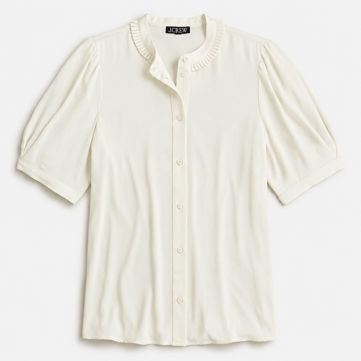 J.Crew Drapey Button Up Top Pleated Ruffle Collar Ivory Short Sleeve Size L